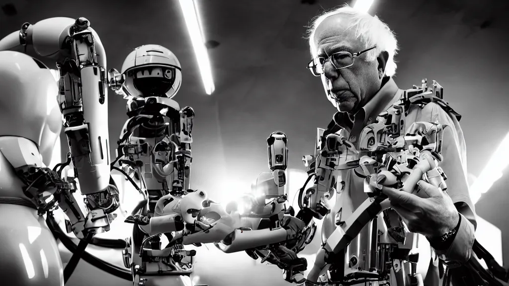 Image similar to bernie sanders putting the finishing touches on a complex magical clockwork doomsday robot, black and white photo, cinematic moody lighting, sharp focus