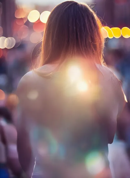 Image similar to a 2 8 mm macro photo from the back of a woman watching a parade, splash art, movie still, bokeh, canon 5 0 mm, cinematic lighting, dramatic, film, photography, golden hour, depth of field, award - winning, anamorphic lens flare, 8 k, hyper detailed, 3 5 mm film grain