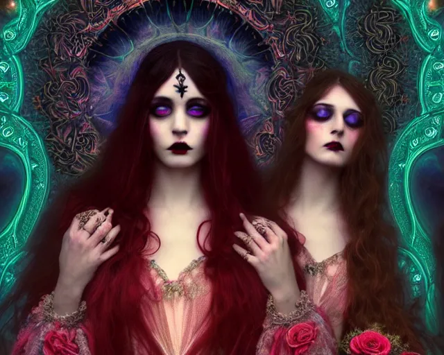 Prompt: three stunning gothic goddesses with beautiful angelic faces, wearing psychedelic wicca, in wedding dresses, red neon roses, full body, long flowy hair, dark and mysterious, atmospheric, ominous, eerie, volumetric cinematic light, epic, 8 k 3 d, ultra detail, ultra realistic, by wlop, by mucha