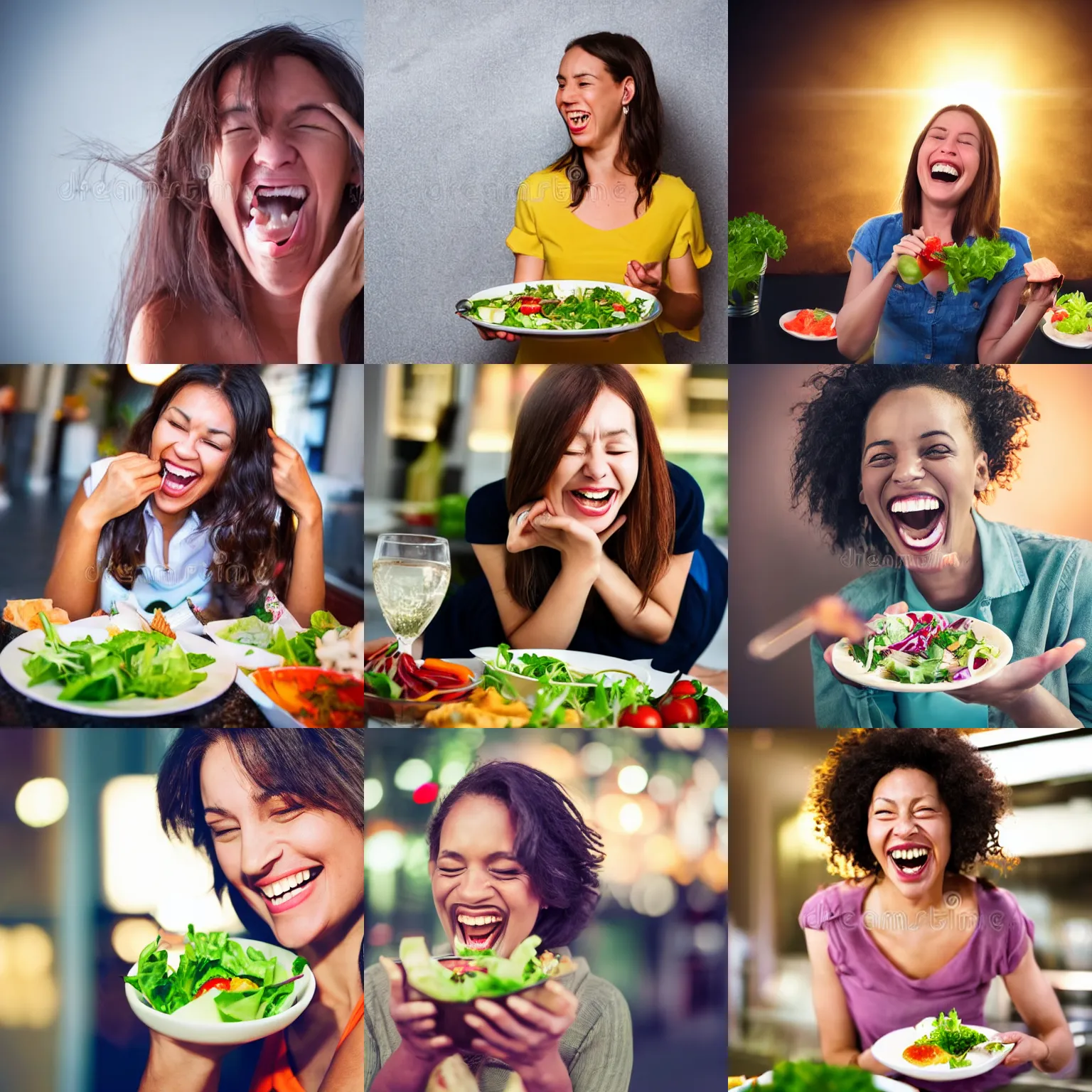 Prompt: Woman laughing at salad, dramatic lighting realistic award winning high quality photograph stock photo 4k