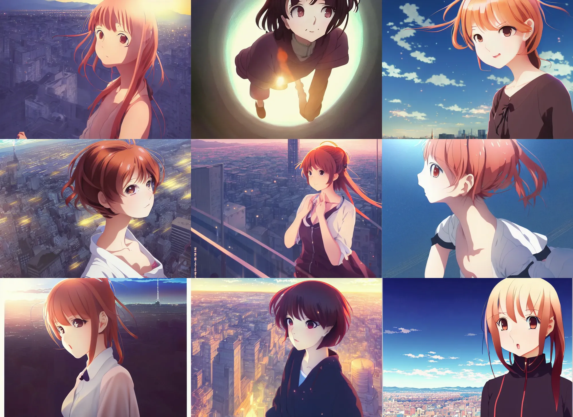 Prompt: anime visual, portrait of a young female sightseeing above the city, cute face by yoh yoshinari, katsura masakazu, dramatic lighting, dynamic pose, dynamic perspective, strong silhouette, ilya kuvshinov, anime cels, outlined!!!, rounded eyes, moody, detailed facial features