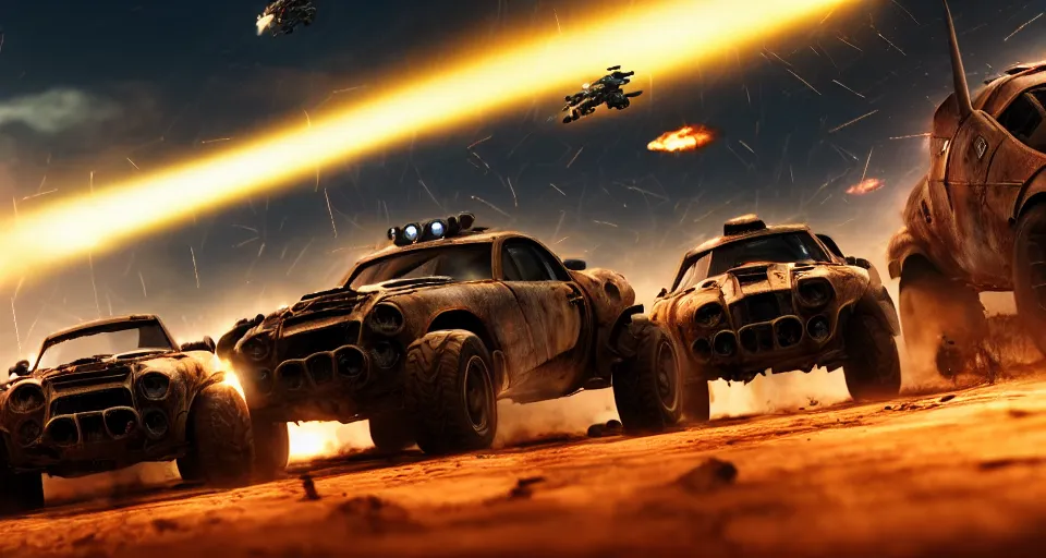 Image similar to macro closeup photo of halo warthogs being chased in a post apocalyptic city, night, smoke, dust, embers, mad max, action, speed, rocket league, volumetric lighting, hdr, need for speed, gta 5, ridley scott, syd mead, craig mullins, cinematic, octane