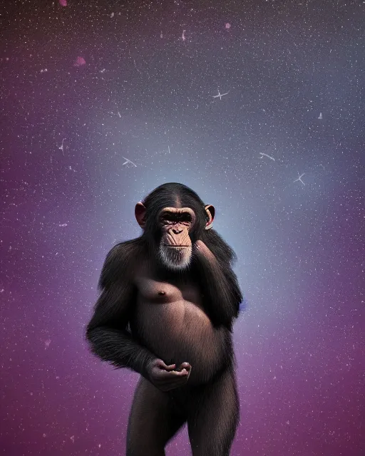 Image similar to very detailed high resolution illustration of a mystical chimpanzee, backlit, stars, night, surrounded, 3 d, 8 k, extremely detailed, artstation, award winning