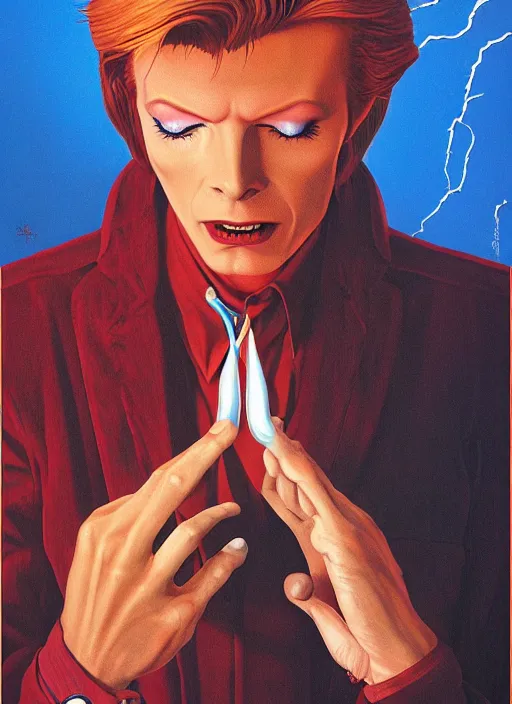 Prompt: twin peaks poster art, portrait of david bowie fights off the temptation for human instrumentality, by michael whelan, rossetti bouguereau, artgerm, retro, nostalgic, old fashioned