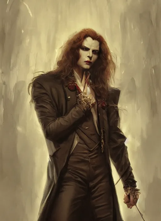 Prompt: portrait painting of the vampire lestat, muscular male gleeful, long hair! long coat, elegant rugged handsome unreal render cinematic lighting art 1 8 9 0 period drama by bussiere rutkowski andreas rocha