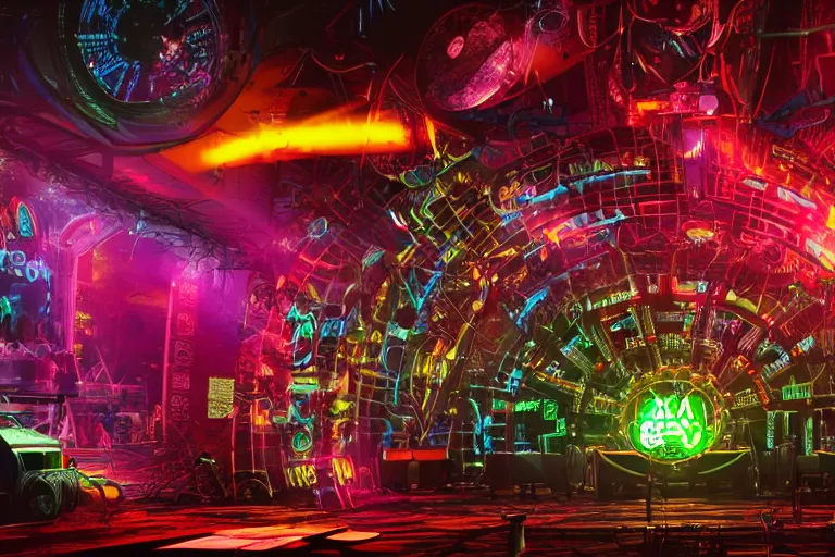 Image similar to an outdoor festival stage with audience, neon letters tripmachine, center of the stage is a big futuristic steampunk generator with gears and belts and tubes, surrounded by big cyberpunk loudspeakers, rock musicians on the stage, laser show, 8 k, fluorescent colors, halluzinogenic, multicolored, exaggerated detailed, unreal engine