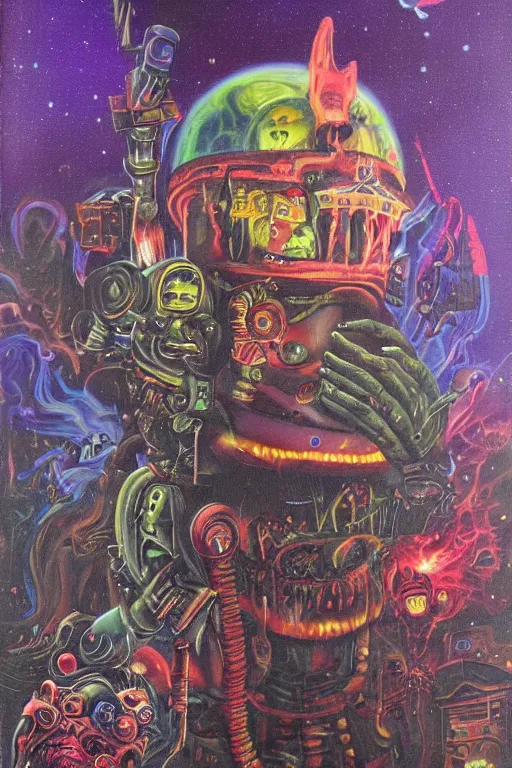 Prompt: haunted sci - fi by jack vance, mike mignogna, lisa frank, highly detailed, vintage dark sci fi, oil painting