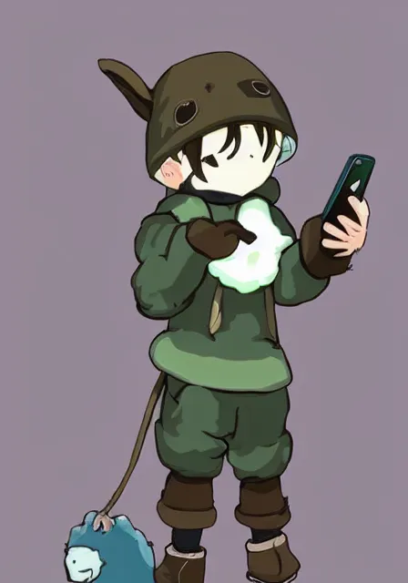 Image similar to little boy wearing sheep suit using a smartphone, gray, blue, green and brown pallet color. made in abyss art style, inspired in kris from deltarrune, cute detailed artwork, anatomically correct