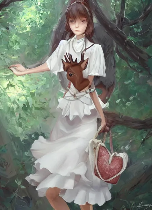 Image similar to beautiful portrait commission of a shy female furry anthro whitetail deer fursona wearing a white blouse and a knee-length skirt, holding a bookbag while walking through a college campus, intricate, elegant, highly detailed, digital painting, artstation, concept art, smooth, sharp focus, illustration, art by Krenz Cushart and Artem Demura and alphonse mucha