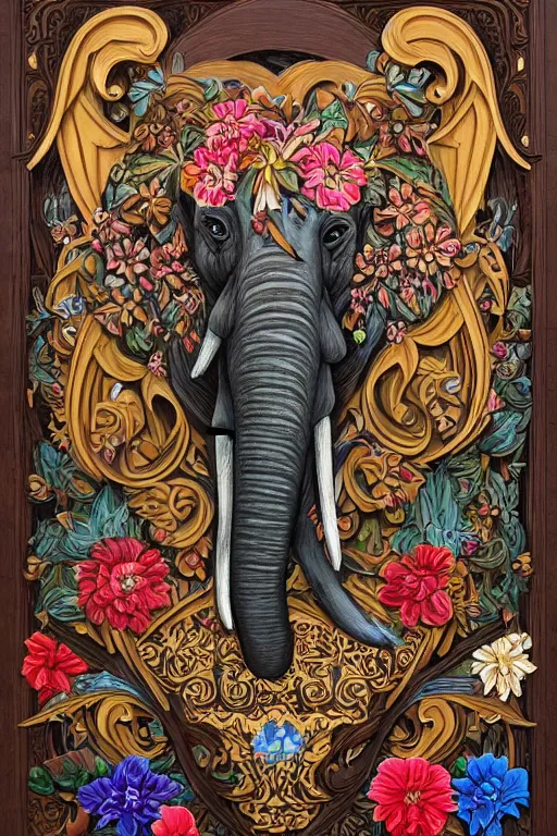 Image similar to Painted dark-wood panel relief carving of a close up of a Flowerpunk Matriarch Elephant, ornate border frame, explosion of colorful flowers, dark wood, intricately carved, black ink, festival of rich colors, intricate details, cinematic lighting, volumetric lighting, post-processing, art nouveau, by andreas rocha and john howe, and Martin Johnson Heade, featured on artstation, featured on behance, golden ratio, hyper detailed, photorealistic, epic composition, center spotlight, f32, well composed, symmetrical, UE5, 8k