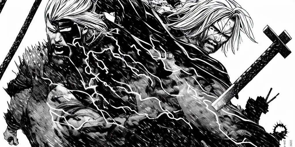 Image similar to thor with blond hair catches lightning and holds an ax in an epic battle with storm clouds with faces monsters by tsutomu nihei, black and white, epic battle background, comic, cinematic