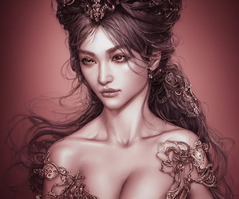 Image similar to studio portrait of elegant princess of the kingdom of god, elegant, young sensual gravure idol, ultrafine hyperrealistic detailed face illustration by kim jung gi, irakli nadar, intricate linework, sharp focus, bright colors, matte, octopath traveler, final fantasy, unreal engine highly rendered, global illumination, radiant light, intricate environment