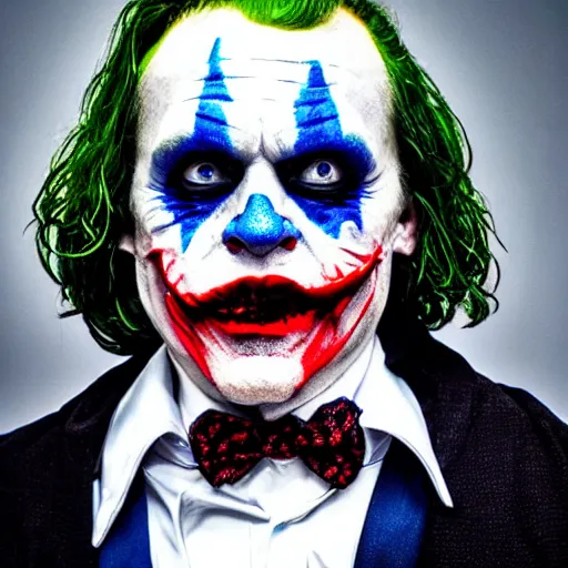 Prompt: Mark Hamill cosplaying as The Joker, photorealistic, highly detailed, professional photo, studio lighting, 4K HD