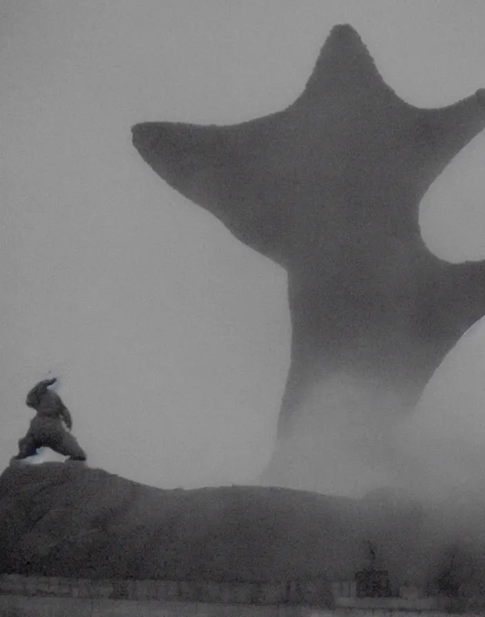 Image similar to a filmstill of a north korean monster movie, kaiju - eiga monster starfish - like trampling a traditional korean palace, foggy, film noir, video compression