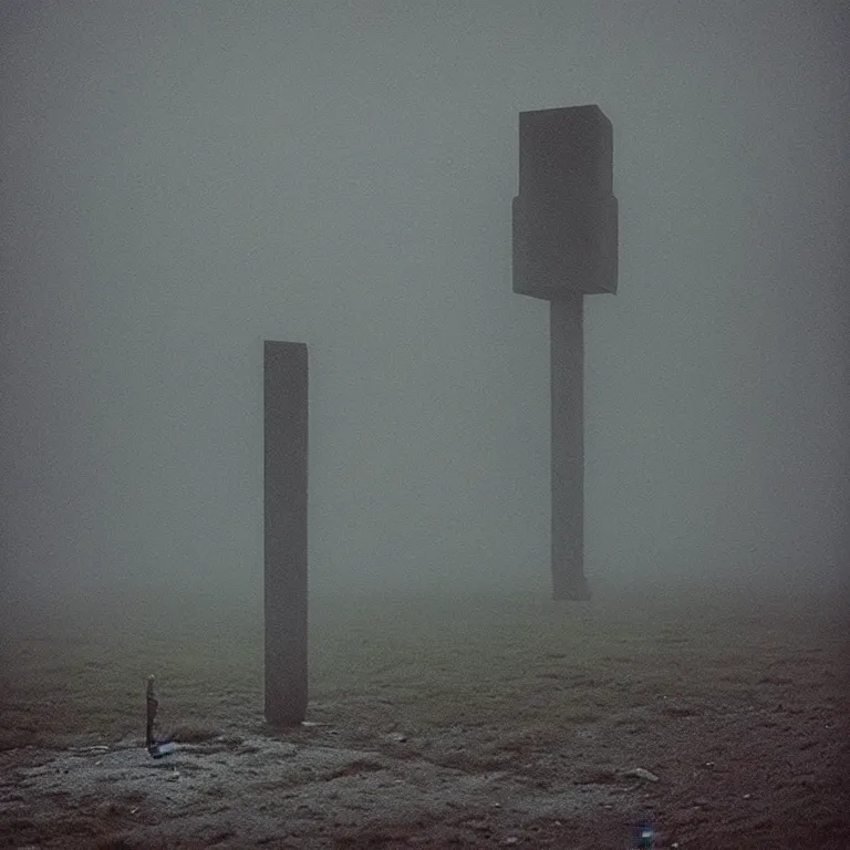 Image similar to the tall thin liminal observer droid by dennis mejillones, in a brutalist yet rural landscape by simon stalenhag, 3 5 mm film photography, dawn, eerie fog