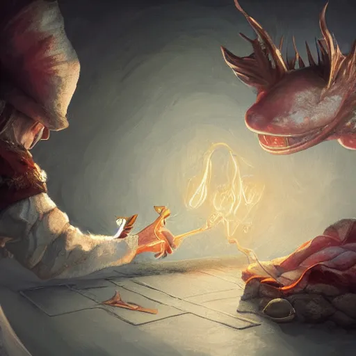 Image similar to Anthropomorphized Axolotl magician casting spell, magic the gathering artwork, cloak, hat, D&D, fantasy, cinematic lighting, centered, highly detailed, digital painting, artstation, concept art, smooth, sharp focus, illustration, volumetric lighting, 8k, art by Akihiko Yoshida and Greg Rutkowski