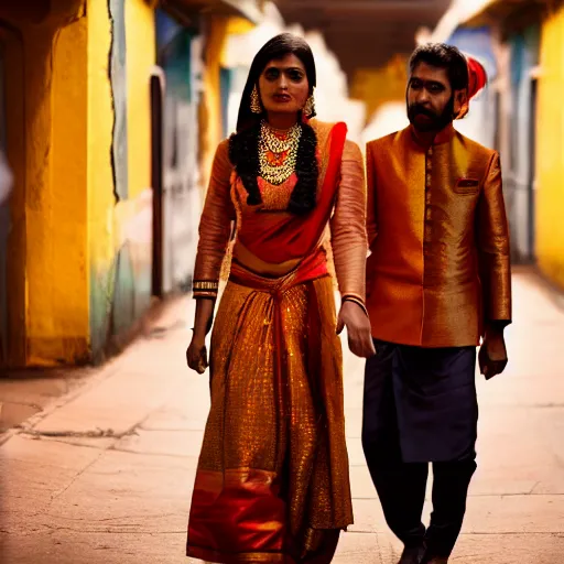 Image similar to a dramatic photograph of a person wearing traditional indian clothes, person wearing indian traditional clothes walking in a modern city, cinematic lighting