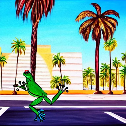 Prompt: painting of a bipedal frog walking away from the camera, down a busy street in los angeles, street vendors, palm trees,