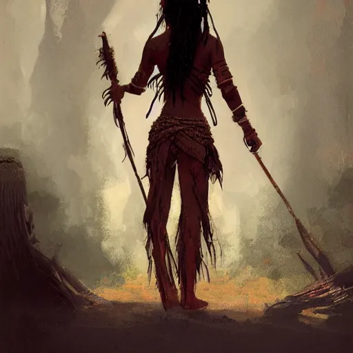 Prompt: back view of a beautiful indian tribal woman warrior, by dreadjim, Greg Rutkowski, james gurney, low angle view, masterpiece, cinematic