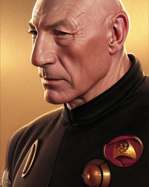 Image similar to Portrait of Jean Luc Picard in a space suit, real life skin, intricate, elegant, highly detailed, artstation, concept art, smooth, sharp focus, art by artgerm and greg rutkowski and alphonse mucha