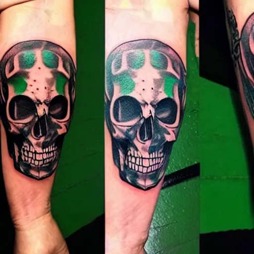 Image similar to dark tattoo and snake wrapping around skull, green acid colors