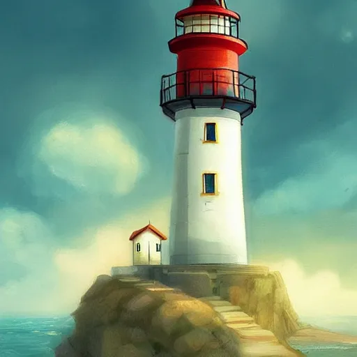 Image similar to beautiful cute cozy lighthouse by the sea, golden warm light, style of hayao miyazaki, digital art trending on artstation