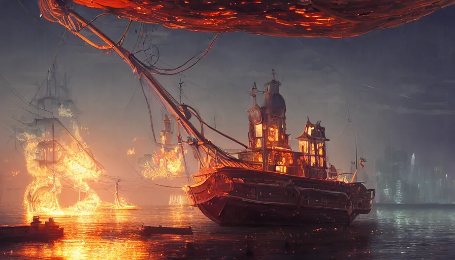 Prompt: A highly detailed matte painting of a glowing electrical Steampunk boat, steam and sparks, copper wires, victorian, by Studio Ghibli, Makoto Shinkai, by Artgerm, by WLOP, by Greg Rutkowski, volumetric lighting, octane render, 4K resolution, trending on artstation, masterpiece