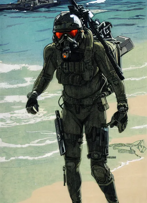 Image similar to Hector. USN blackops operator emerging from water at the shoreline. Operator wearing Futuristic wetsuit and looking at an abandoned shipyard. Frogtrooper. rb6s, MGS, and splinter cell Concept art by James Gurney, Alphonso Mucha. Vivid color scheme.