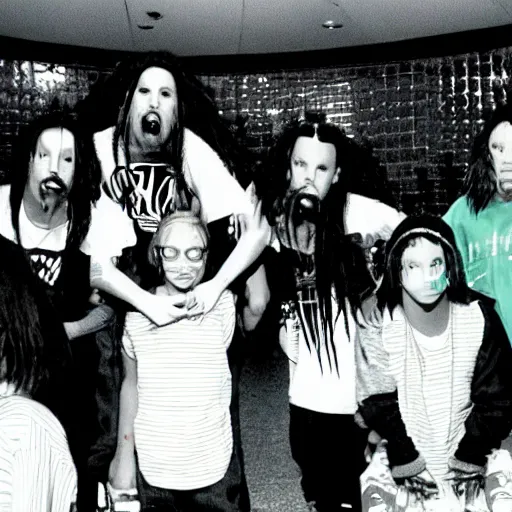 Prompt: Korn performing at Chuck E. Cheese circa 1998