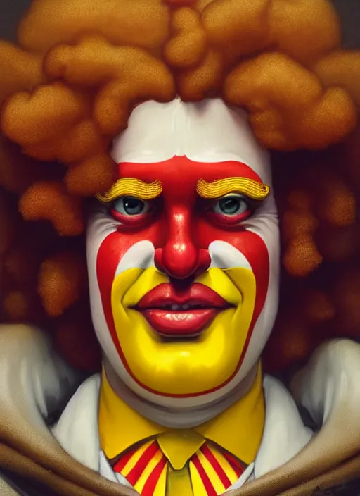 Image similar to close up portrait of ronald mcdonald, yellow jumper with white collar, chicken mcnuggets throne room by artgerm, cushart krenz, greg rutkowski, mucha. art nouveau. gloomhaven, golden arches logo, pale colors, sharp edges. ultra clear detailed. 8 k. elegant, intricate, octane render