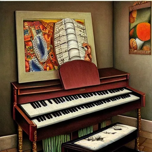 Image similar to a painting of a piano, a surrealist painting by jacek yerka, cgsociety, fantastic realism, surrealist, detailed painting