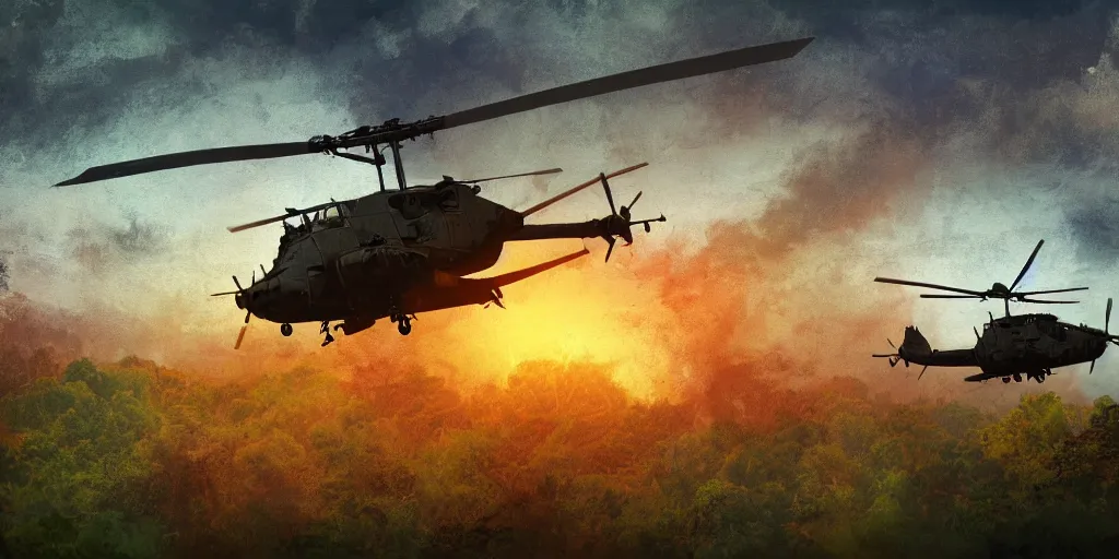 Image similar to Painting of vietnam Huey Helicopters, above a forest, orange sun set, abstract, realism, detailed, octane render, glow