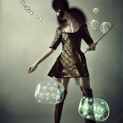 Image similar to medium shot of a woman wearing an armor made of bubbles. soft. fragile. by ray caesar. by louise dahl - wolfe. by anna claren. surreal photography