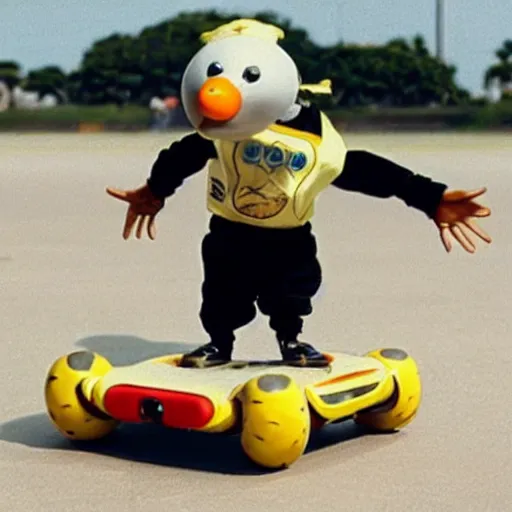 Image similar to a dodo wearing a gold chain around its neck and baseball cap, on a hovering hoverboard at a skate park near the beach, 1990s cartoon