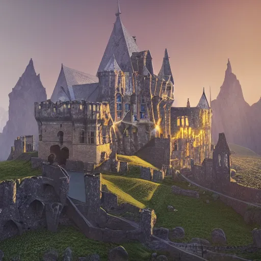 Image similar to medieval baroque castle made of crystal shards, epic landscape, iceland photography, cinematic, octane render, art station, dramatic lighting, beautiful dusk sky, concept art, rococo, photorealistic, intense detail, 8 k