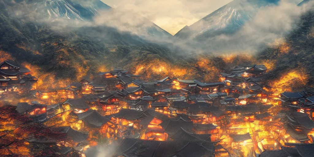 Prompt: a powerful japanese village high in mountains, volcano, mystical power steam, concept art, fantastic landscape, 8 k, cinematic color grading