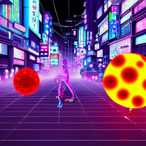 Image similar to giant colorful bright microbe and virus and dna and bacteriophage eat people in streets, neo - tokyo, realistic, 8 k, ultra detailed