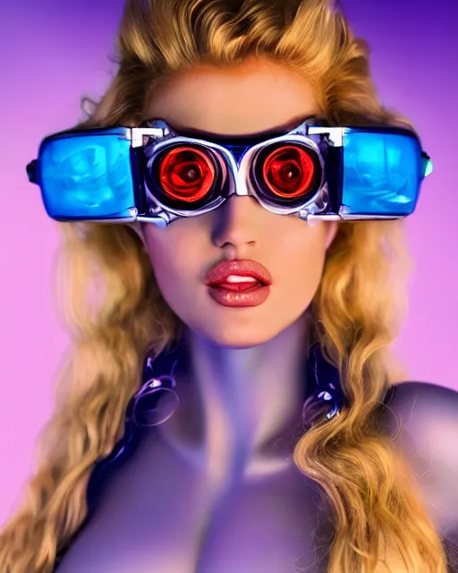 Image similar to centered portrait photo of flirtatious young anna nicole smith as a solarpunk mecha humanoid robotic parts wearing goggles with bright cyan lights, real human face, pudica pose by bouguereau, inside white room, ultra - realistic and detailed, soft portrait shot 8 k