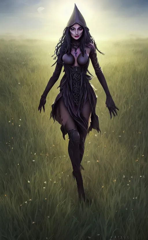 Image similar to medium shot of dark elf witch in field, sunny, highly detailed, d & d, fantasy, highly detailed, digital painting, trending on artstation, concept art, sharp focus, illustration, global illumination, ray tracing, realistic shaded, art by artgerm and greg rutkowski and fuji choko and viktoria gavrilenko and hoang lap