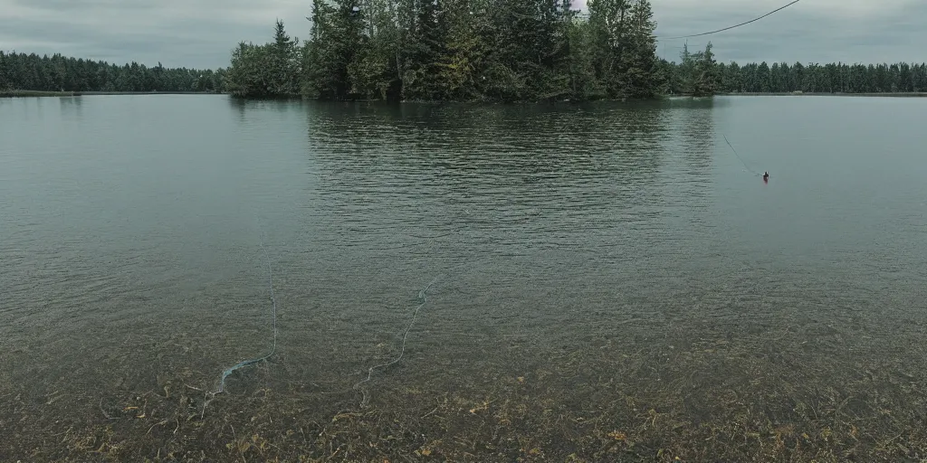 Image similar to centered photograph of a infinitely long rope zig zagging snaking across the surface of the water into the distance, floating submerged rope stretching out towards the center of the lake, a dark lake on a cloudy day, color film, trees in the background, hyper - detailed photo, anamorphic lens