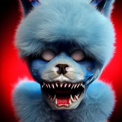 Image similar to a blue furry creature with large red lips, sharp teeth, 4 k photorealistic quality, trending on cgsociety, horror art, eerie art style