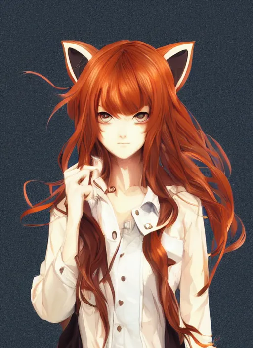 Image similar to portrait illustration by shigenori soejima, beautiful girl, fox ears, focus on face, pretty, cinematic lighting, painterly, long wavy orange hair, light brown trenchcoat