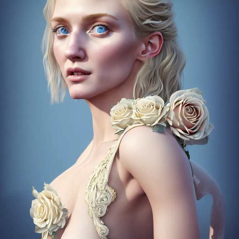 Prompt: neoclassical hyperrealistic mid shot portrait of a blonde high detail blue eyes woman with a beautiful body dressed with a majestic semi transparent silk cream roses long dress, ornate, intricate, detailed, dramatic light, award winning, artstation, octane render, meredit frampton style