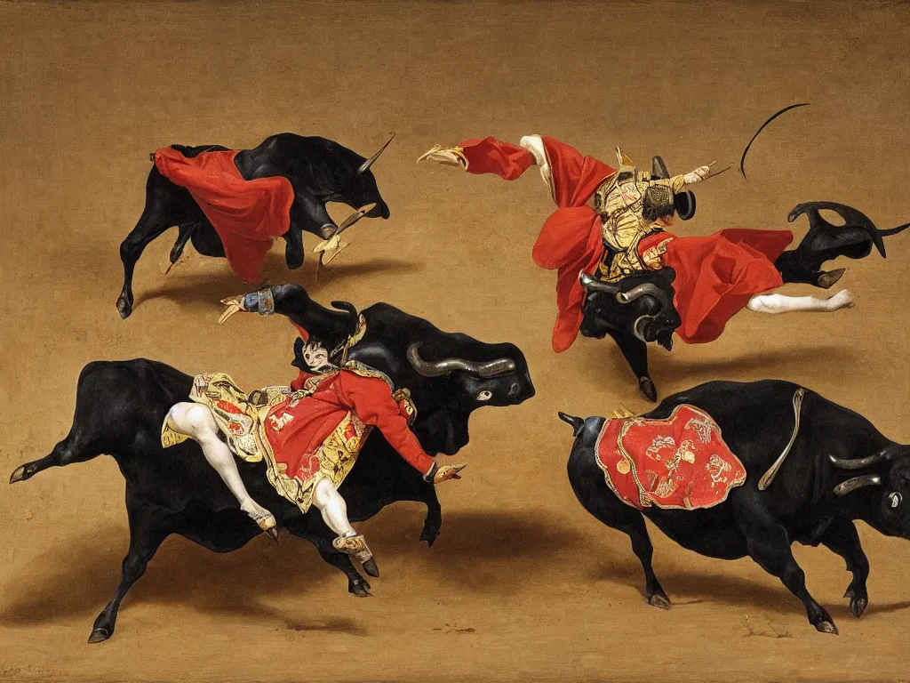 Prompt: matador challenging a bull in a ramen bowel filled with a desert, in style of Leonid Soifertis