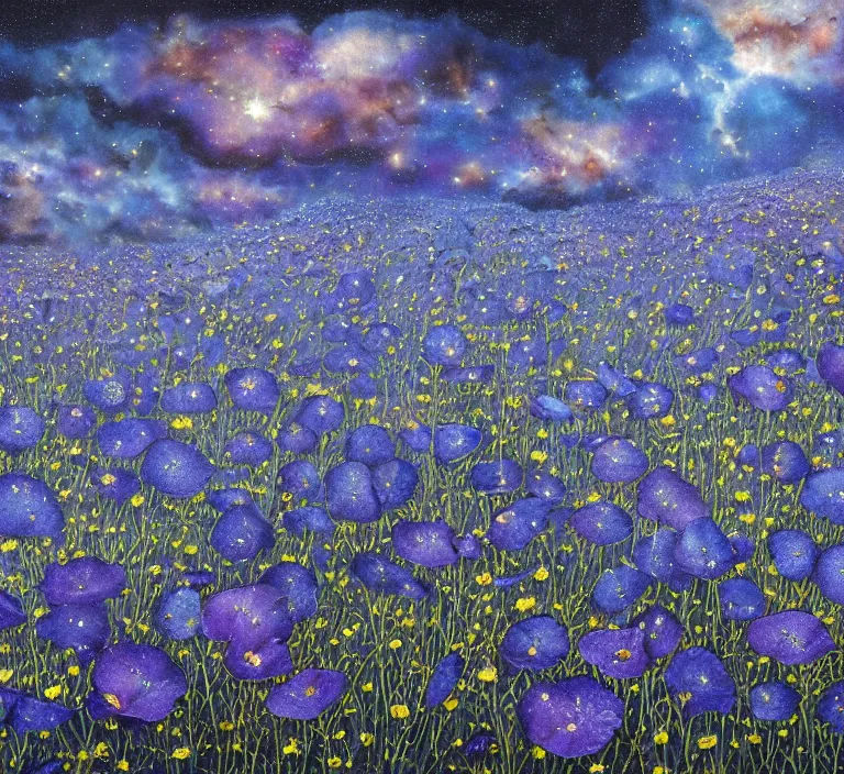 Image similar to detailed, intricate blue black and purple papaverum flower on the field, nebula, galaxy in the sky, winning award masterpiece, fantastically beautiful, illustration, aestheticly inspired, jacek yerka, upscale with anguissola sofonisba work, artstation, 8 k