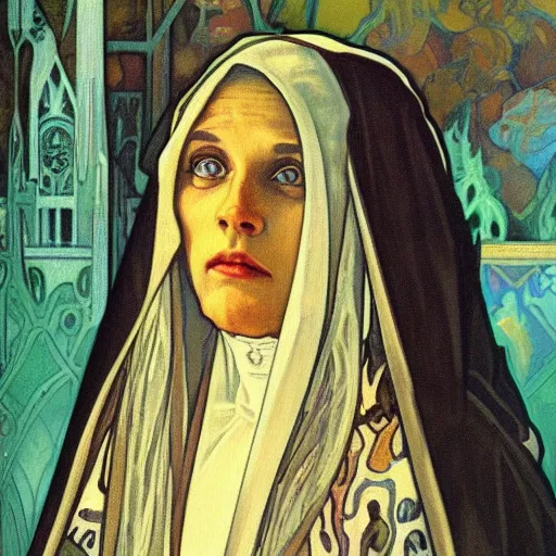 Image similar to a Masterpieces portrait of a skeleton nun in the style of Alphonse Mucha,Realistic style,oil on canvas