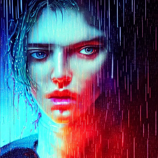 Image similar to bright aesthetic portrait LSD glowing backlit rain on face and wet hair, cyberpunk, overhead lighting, fantasy, intricate, elegant, dramatic lighting, highly detailed, lifelike, photorealistic, digital painting, artstation, illustration, concept art, smooth, sharp focus, art by John Collier and Albert Aublet and Krenz Cushart and Artem Demura and Alphonse Mucha