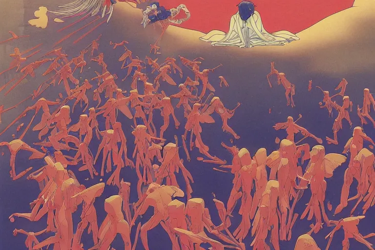 Image similar to gigantic evangelion angels with human faces catch tiny threads, a lot of exotic mechas robots around, human heads everywhere, risograph by kawase hasui, dirtyrobot, edward hopper, satoshi kon and moebius, colorful flat surreal design, super - detailed, a lot of tiny details, fullshot