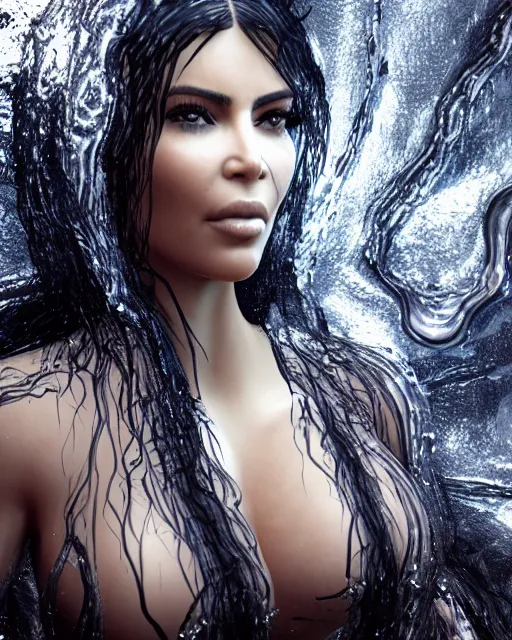 Image similar to epic full - pov - shot still of kim kardashian unconscious wearing a black lace dress in a transparent alien liquid, wet flowing hair, gooey skin, illustration, unreal engine 5, 8 k, made by h. r. giger.