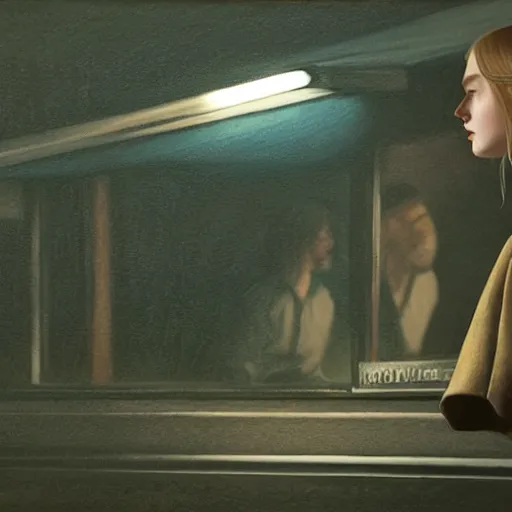 Image similar to Elle Fanning in The Walking Dead at night in the world of Edward Hopper, stormy snowy weather, streetlights, extremely detailed masterpiece, oil on canvas, low-key neon lighting, artstation, Blade Runner 2049, Roger Deakin’s cinematography, by J. C. Leyendecker and Peter Paul Rubens,